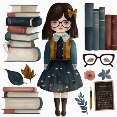 Dark academia librarian girl, folk art, sweden, watercolor, clipart elements, white background