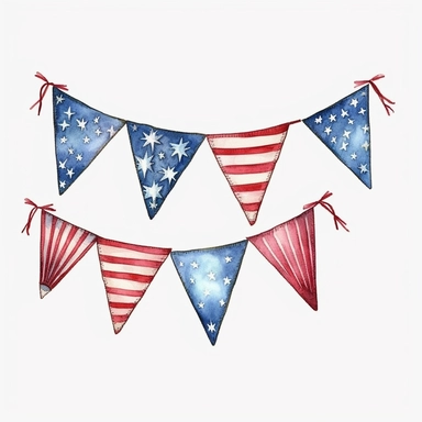4th of July Patriotic bunting - Clip art of patriotic bunting or flag garland in red, white, and blue. png Full body realistic cartoon in 32K UHD cute. 15 cm thick outline. Black color. There was no shadow on the ground. 8k with realistic watercolors and detailed illustrations. PNG clipart, transparent white background
