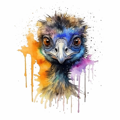 watercolour australian emu clipart, hd, on white background, spaced out, splash art style.