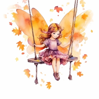 beautiful watercolor clipart painting of A magical fairy in the style of Disney movies in orange pink purple fantasy style sitting on a swing made of ropes and yellow leaves Her gaze shifts to the side and up