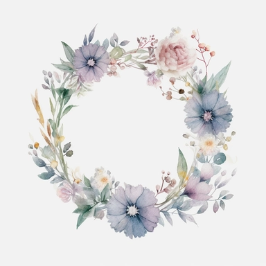watercolor floral wreath on white background, in the style of muted and subtle tones, intricate floral arrangements, uhd image, subtle realism, asymmetrical framing, fawncore, wedding clipart, floral accents, no background
