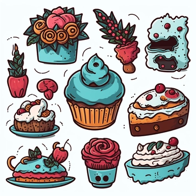 Design clipart for a pastry shop, incorporating a punk aesthetic and elements of Hohloma. The artwork should feature typical pastry shop items like cakes, pastries, and coffee mugs, but with a twist - spikes, studs, and graffiti styles common in punk visuals should be seamlessly blended with the ornate, floral, and bird motifs of Hohloma. The fusion should result in a unique and exciting visual identity that represents both cultures. The color palette should predominantly feature red, gold, blue