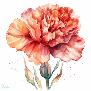 Design a watercolor clipart illustration of a single carnation flower, using the Michelangelo-inspired Watercolor Haven style on a white background. Focus on the rich color palette, intricate details, and the beauty of the carnation's petals and leaves, perfect for various creative projects.