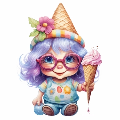 gnome girl summer smile and cute big eyes wear big glasses fat full body , eat ice cream summer , cute funny laugh detailed digital art, whimsical and cute, cute detailed artwork, glimmering, adorable and whimsical, whimsical art, watercolor Clipart style