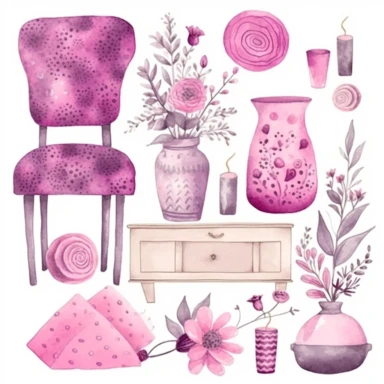 watercolor home decor items, vase, pillow, wall frame with lavender flowers, in the style of hot pink, lavender and beige colors, intricate illustrations, primitivist elements, dotted, pencil texture, vivid color palette, Clipart Collection, objects isolated on white background
