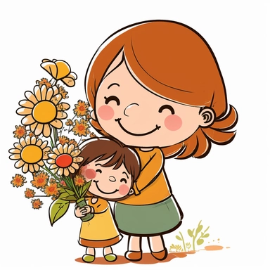 prompt cute mother's love with some flowers Clipart cartoon style