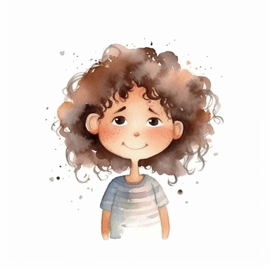 little arabic boy with fluffy hair, funny curls standing from his head, long dark hair, Watercolor Clipart, watercolor painting, cute, kids book illustration, flat simple, watercolor, white background, high quality, HD