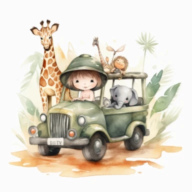 A super cute happy baby [safari animals], in a [jungle, jeep], illustration watercolor style, minimalistic, clipart, children's book illustration, hd, 16k, 4k