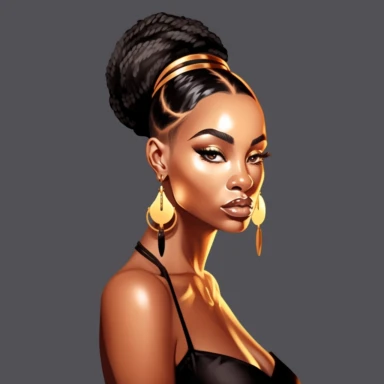 black dark-skin women with long slick back braided ponytail wearing a golden crown staring straight forward with big shiny lips, clip art - Image #1 <@1109865557370617876>