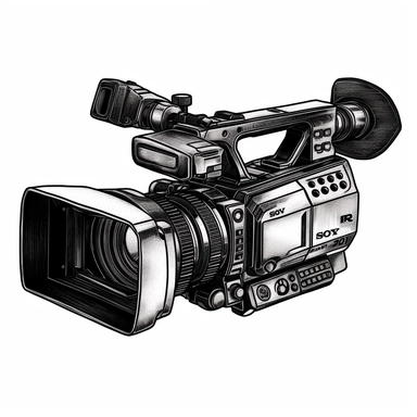sony dcr vx1000e 1995 video camera, 3/4 view black and white clipart, vector, stamp impression look, bold black lines