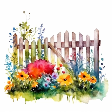 clipart, isolated on white background, Watercolor Spring beautiful ornated fence fulls of the colorful flowers and grass and plants and branches and tree, ornated, vivid and vibrant and saturated colors
