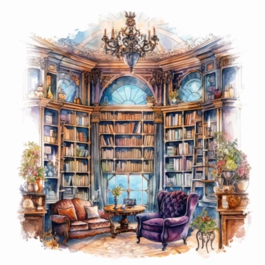 realistic victorian home library, watercolor, rococo, bright colors with, black outlines, contour, vector, clipart, white background, hd