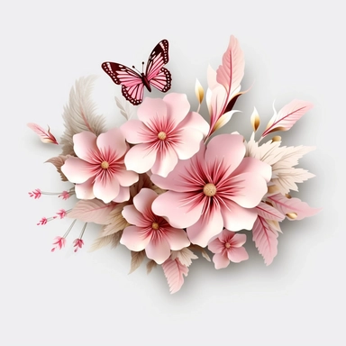 3D exceptionally beautiful pink flowers and butterflies in 3D, clipart white background