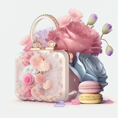 fashion composition with flowers, designer purse, designer parfum girly, lace, colorful, iridescent, elegant, glamor, sophisticated, atmosphere, white background, clipart