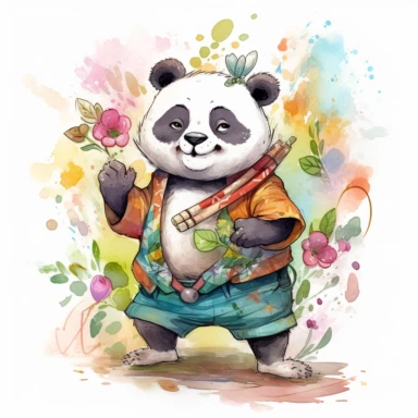 a happy panda with a bamboo shoot and a martial arts belt, depicted in a whimsical, watercolor, surrounded by colorful flowers and butterflies. The mood of the artwork is cheerful and playful, with a soft pastel color palette. The lighting style is bright and sunny, evoking a warm and inviting feeling. clipart design graphic, vector, contour, super cute, isolated white background, high quality, 2d, flat