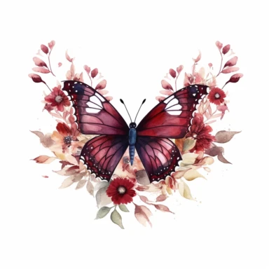 maroon butterfly on a flower border clipart, white background, watercolor, vector