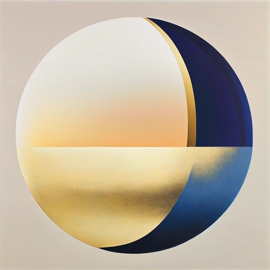 A simplistic clipart piece showcases an expansive, ivory sphere juxtaposed against a captivating chromatic panorama that evolves from a radiant, golden hue at the zenith to an inky, twilight navy at the base. The alabaster orb, nestled in the upper left vertex of the canvas, embodies the fervent sun and its sweltering warmth in Miami, as the enchanting gradient backdrop conveys the metamorphosis from daylight to dusk. White background.