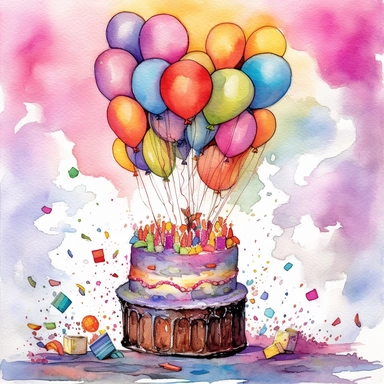 gift, cake and balloon watercolor clip art, in the style of dau al set, expressionistic color explosions, dadaist mixed-media art, mikalojus konstantinas ciurlionis, lisa frank, luminous palette, joyful chaos