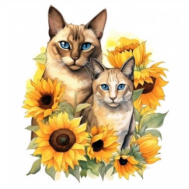 sunflowers and siamese drawn in watercolor, vector design, cutout,Sublimation Clipart ,Cartoon,hyper realistic, intricate detail, illustration style,high solution,on the white background
