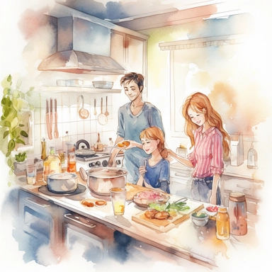 Create watercolor clipart of kitchen scenes, such as a person cooking or a family having a meal together. Use a mix of warm and cool tones to create a harmonious and inviting atmosphere in the clipart, white background