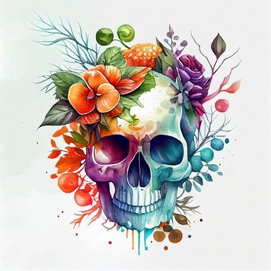 watercolor floral skull for halloween and day of the dead design, white background, watercolor ,cartoon illustration , extremely detailed,cartoon, clipart, white background, 8k, hd