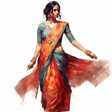 watercolor style, full body view, beautiful woman from India wearing traditional clothes, very detailed, realistic, clipart, isolated on white background, 4K