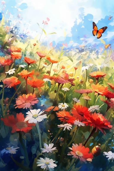 butterflies on a flower field, in the style of 2d game art, nostalgic paintings, 32k uhd, colorful dreamy watercolor scenes, adventure pulp, classical, historical genre scenes, rough-edged 2d animation, watercolor clipart