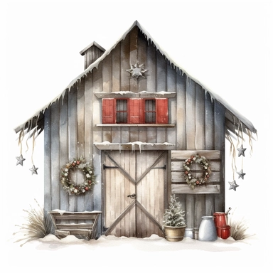 A watercolor painting of a cute empty barn with door open in Bethlehem Christmas, cute detailed digital art, inspired by nicoletta ceccoli, by Kubisi art, whimsical and cute, by nicoletta ceccoli, cute detailed artwork, glimmering, adorable and whimsical, whimsical art, Clipart style, png style, svg style, blank white background, a solid white backgrounnd