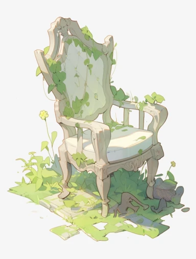 A chair, light watercolor, light green and white, bright, white background, few details, dreamy, Studio Ghibli, watercolor clipart, full illustration, 4k, clear focus, watercolor style, children's style fairy tale, Conrad Roset, Agnes Cecil, watercolor style,