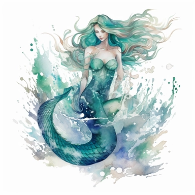 super Gorgeous watercolour stunning mermaid, some ocean waves around, greenish blue, 2D concept simplified illustration on white background. clipart, highly detailed, vibrant, ultra high quality, 2D vector, best quality