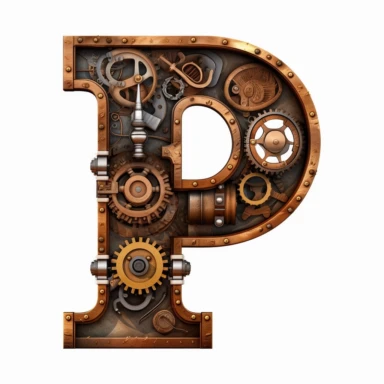 Steam punk style, Letter P, clipart, white background