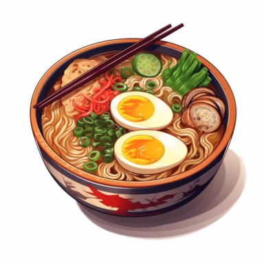 Imagine a delightful, detailed clipart of a delicious bowl of ramen. The noodles are beautifully curled, the broth is glistening, and the toppings such as the succulent pork, soft-boiled egg, and chopped spring onions are so real you could almost taste them. The clipart comes on a contrasting white background.