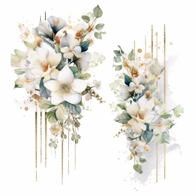 scrapbook paper template, intricate three small bouquets of white floral watercolor clipart on the borders on paper, luxurious textures, nature-inspired pieces, very high resolution