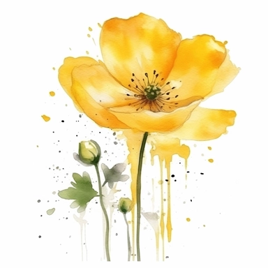 buttercup flower yellow splash watercolor clipart, minimalist, bright colors, isolated white background, 8k