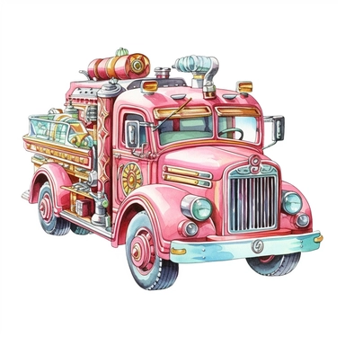 Vintage Hand painted pastel clipart of a toy fire truck in the style of vintage nursery kitsch Lefton, retro midcentury 1950’s, white background, contour