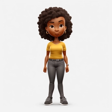 Front view of animated black woman standing wearing t-shirt character design, full body, face drawing in top quality, high quality face drawing, clipart, full illustration, 4k, sharp focus. , soft skin, symmetrical, detailed face, concept art, storybook s
