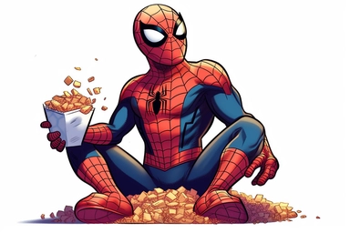 cartoon style Spider-Man selling popcorns clipart, hd, on white background, spaced out