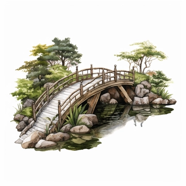 one garden bridge clipart on a white background, in the style of chie yoshii, heavy texture, artgerm, hiroshige, realistic and naturalistic textures, nature-inspired shapes, die brücke , no watermark, text, 300 DPI , typography, shapes do not stick together, no text in the picture, on a white background