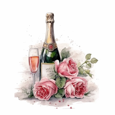 Champagne and Roses, Wedding Clipart, black outline, on a white background, extremely detailed, illustration, digital art, Watercolor