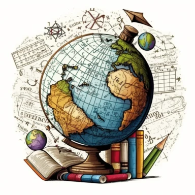 math problems, globe, map, compass, books, science, clip art, hand drawn, fun, white background--ar 16:9