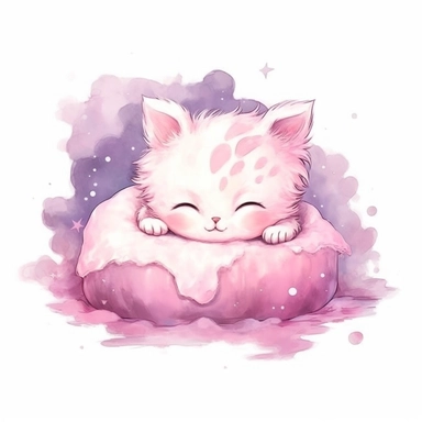 Kawaii kitten sleeping on a pink pillow, super cute, so adorable that is breaks your heart, full body, watercolor clipart, isolated on white background, cute - core
