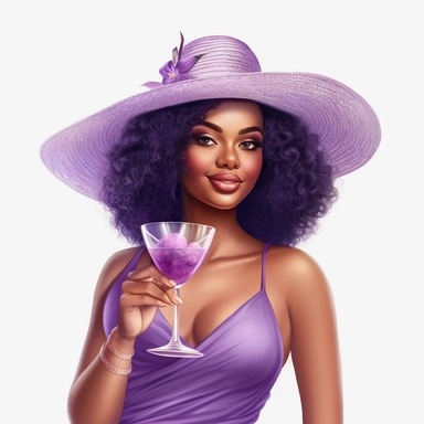 pretty black girl, Sun Straw Hat Wide Brim Summer Hat Foldable Roll up Floppy Beach Hats, pretty, holding a cocktail drink, lilac outfit, 4k, hd, clipart