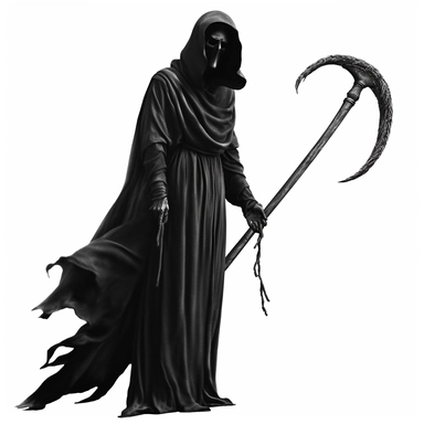 DEATH APPARENT IN BLACK CLOTHES WITH NO FACE HOLDING A scythe SCARY CLIPART ON A WHITE BACKGROUND