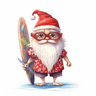 A watercolor painting of cute Santa's red hat in a Hawaiian shirt and sunglasses, holding a surfboard and standing on a beach, cute big eyes, cute detailed digital art, whimsical and cute, cute detailed artwork, glimmering, adorable and whimsical, whimsical art, Clipart style