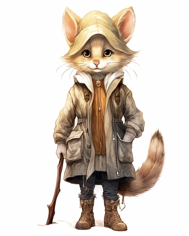 with stick fur,big eyes,full body shot,with jean jacket,brown pans,boots,scarf,contrasting colors,no outline,no background, realistic hyper-detail, in the style of victorian-inspired illustrations,realistic shading, pictorial fabrics, contest winner, organic designs, on a plain white background, clipart, masterpiece, trending on Artstation and Dribbble.