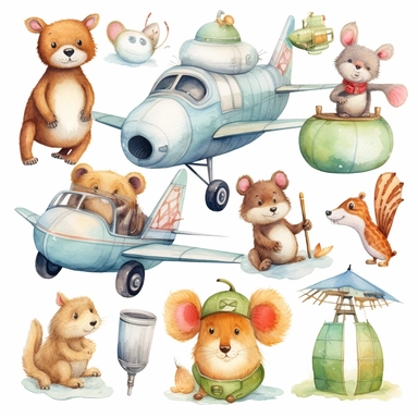 Airplane watercolor clipart set Cute animals illustration