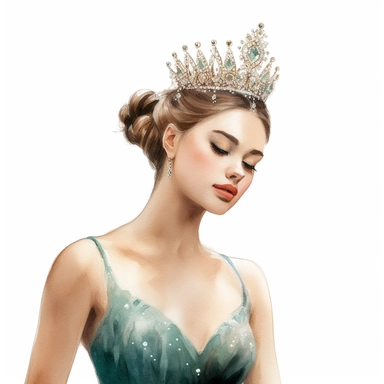make a clipart of a beautiful photorealistic ballerina in a teal jeweled tutu, give her brown hair with a jeweled crown, she should be doing an arabesque, use pastel colors, watercolor style, white background
