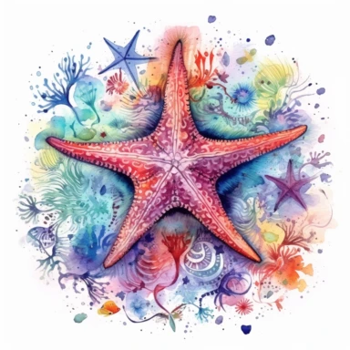 Watercolor Ocean Starfish clipart, a vibrant and colorful starfish with intricate patterns and texture, surrounded by smaller sea creatures and coral, playful and lively atmosphere, Artwork, watercolor painting on paper,