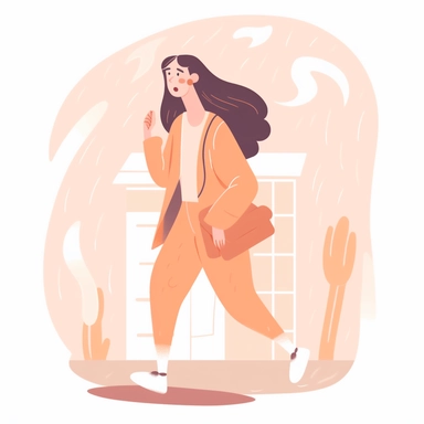 a young lady going to the university clinic while panicking and in a hurry, clipart style, peach pastel color palette, white background