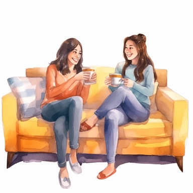 watercolor, Smiling woman friends drinking tea at home Happy females laughing and gossiping sit on comfortable couches isolated. People spending time together having a friendly conversation png Full body realistic cartoon in 32K UHD cute. 15 cm thick outline. Black color. There was no shadow on the ground. 8k with realistic watercolors and detailed illustrations. PNG clipart, transparent white background